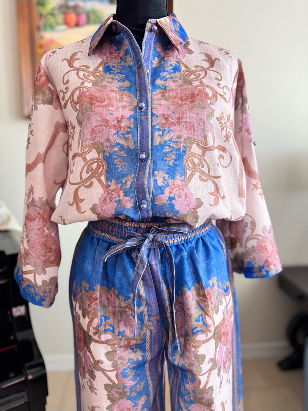 Women's Pink & Blue Printed Linen Jumpsuit - Picture 2 of 16